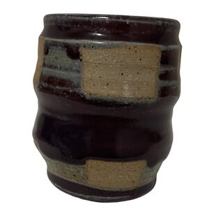 Studio Pottery Vase Small Purple Red Tan Wavy Geometric Stoneware AA 4"